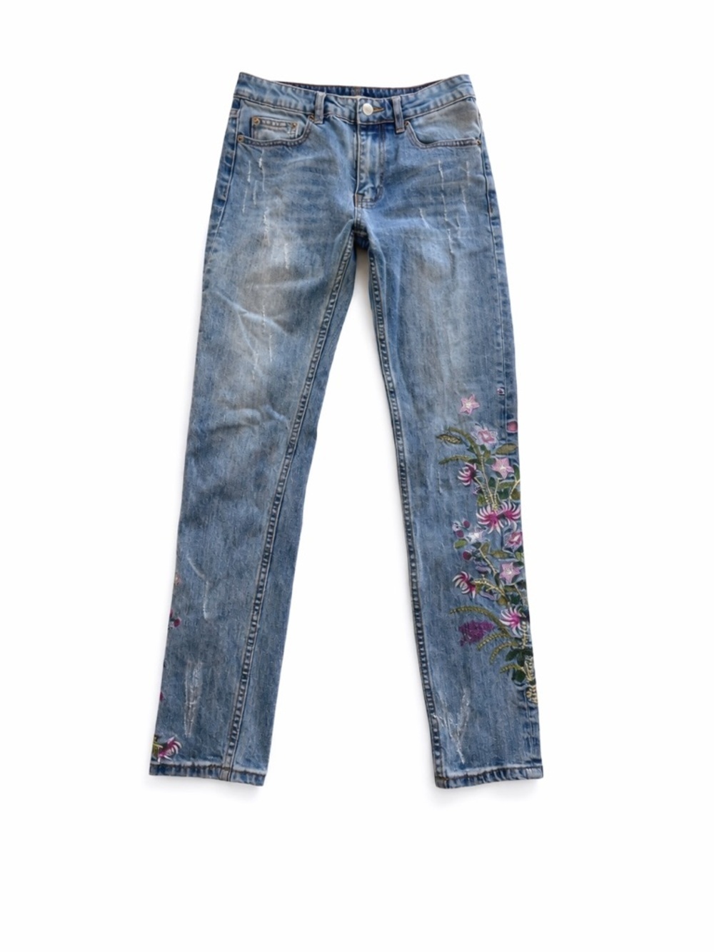 Boho Floral Embroidered Skinny Jeans Women’s Size 28 Medium Wash Denim